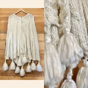 White crocheted knit vintage style tassle cape poncho boho festival